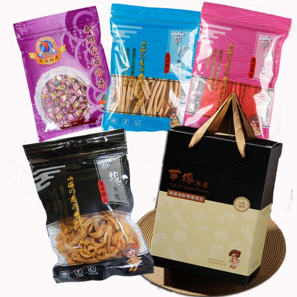 【華得水產】東港海鮮零嘴4包禮盒組(旗魚薯薯+黑鮪魚丁角+炭烤條+鱈魚紅片)